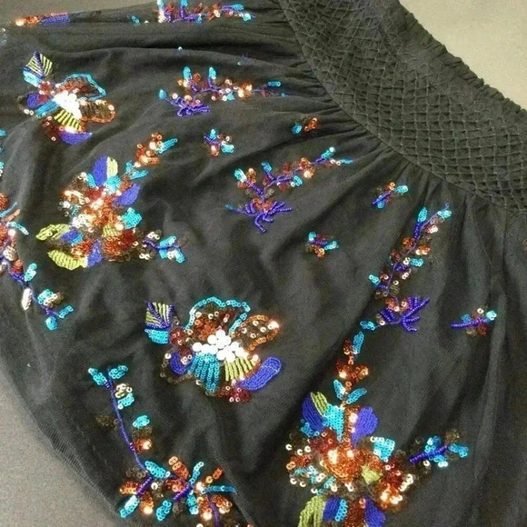 Anthropologie Womens Size XS Sequin Mini Skirt Black Tulle Embroidered Flowy - Picture 4 of 11